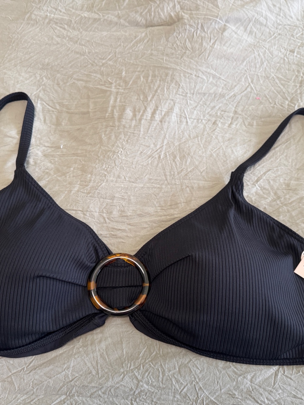 summersalt Black Ribbed Bikini Top with Tortoiseshell Ring Accent